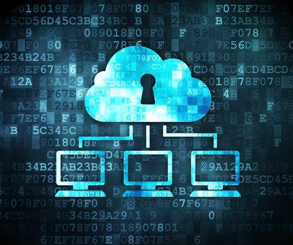 Cloud icon with a keyhole in it and three computers under neath