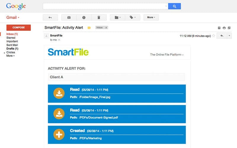 Email activity alters for file sharing
